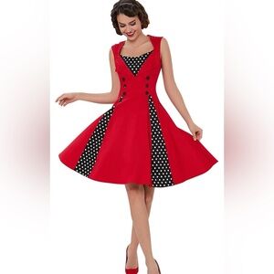 Elegant Red and Black Polka Dot Midi Dress